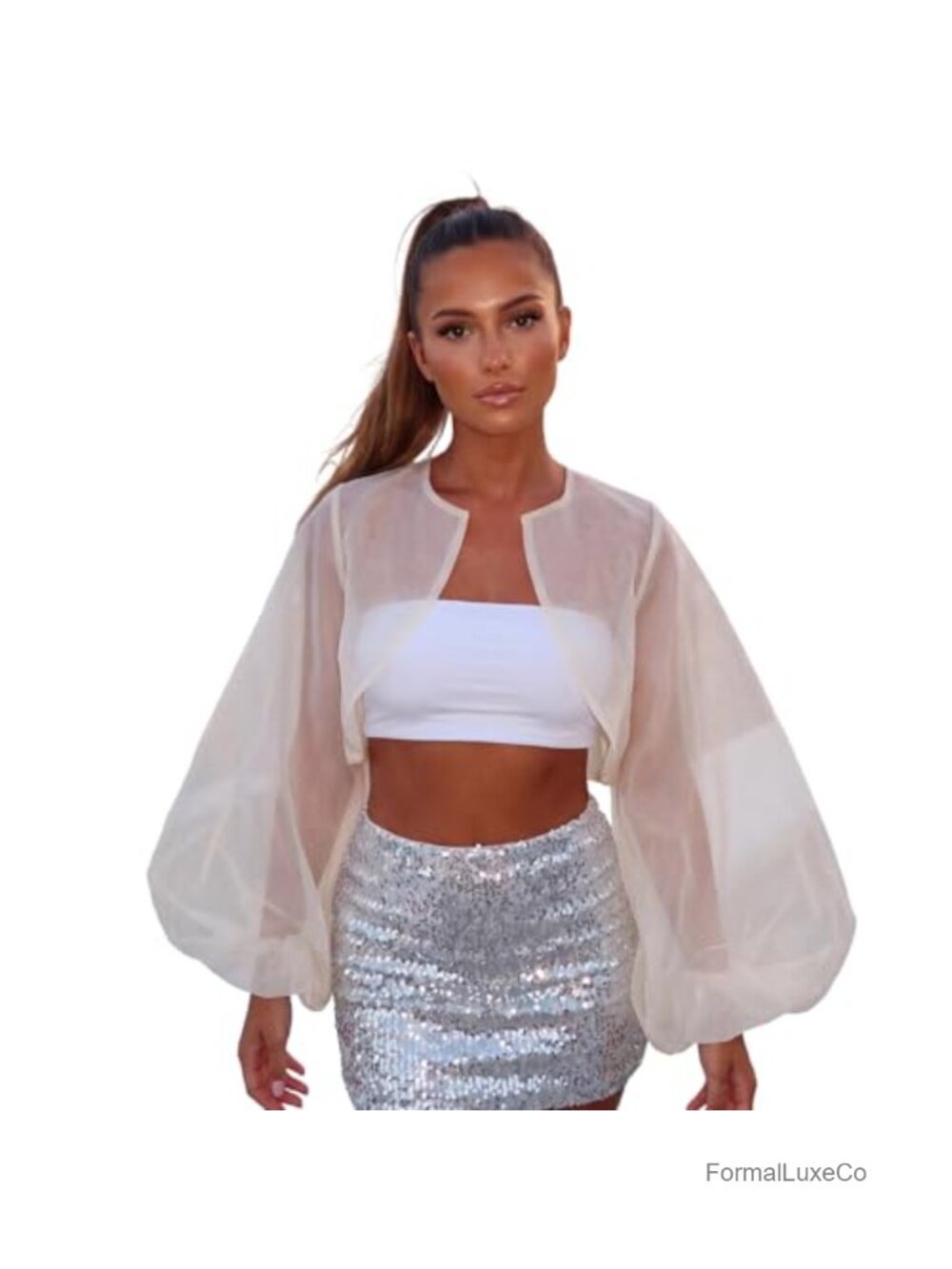 Women Sheer Mesh Organza Shrug See Through Bolero Cardigan Crop Puff Sleeve